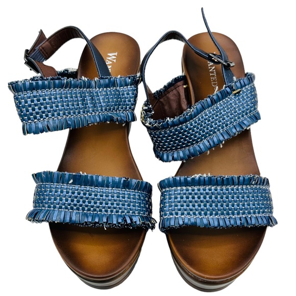 Vintage Fringe Woven Ankle Strap Open Toe Platform Wedge Sandal Navy Brown 8 - Picture 2 of 13